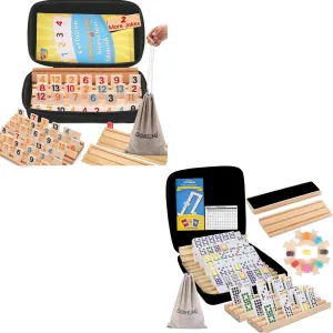 Upgraded Mexican Train Dominoes Set with Wooden Hub and 8 Racks/Trays Rummy Cube 6 Player Upgraded Edition with 6 Wooden Racks