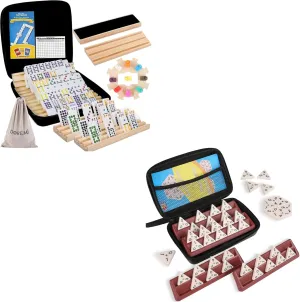 Upgraded Mexican Train Dominoes Set with Wooden Hub and 8 Racks/Trays Triangle Domino Set Includes 4 Plastic Racks