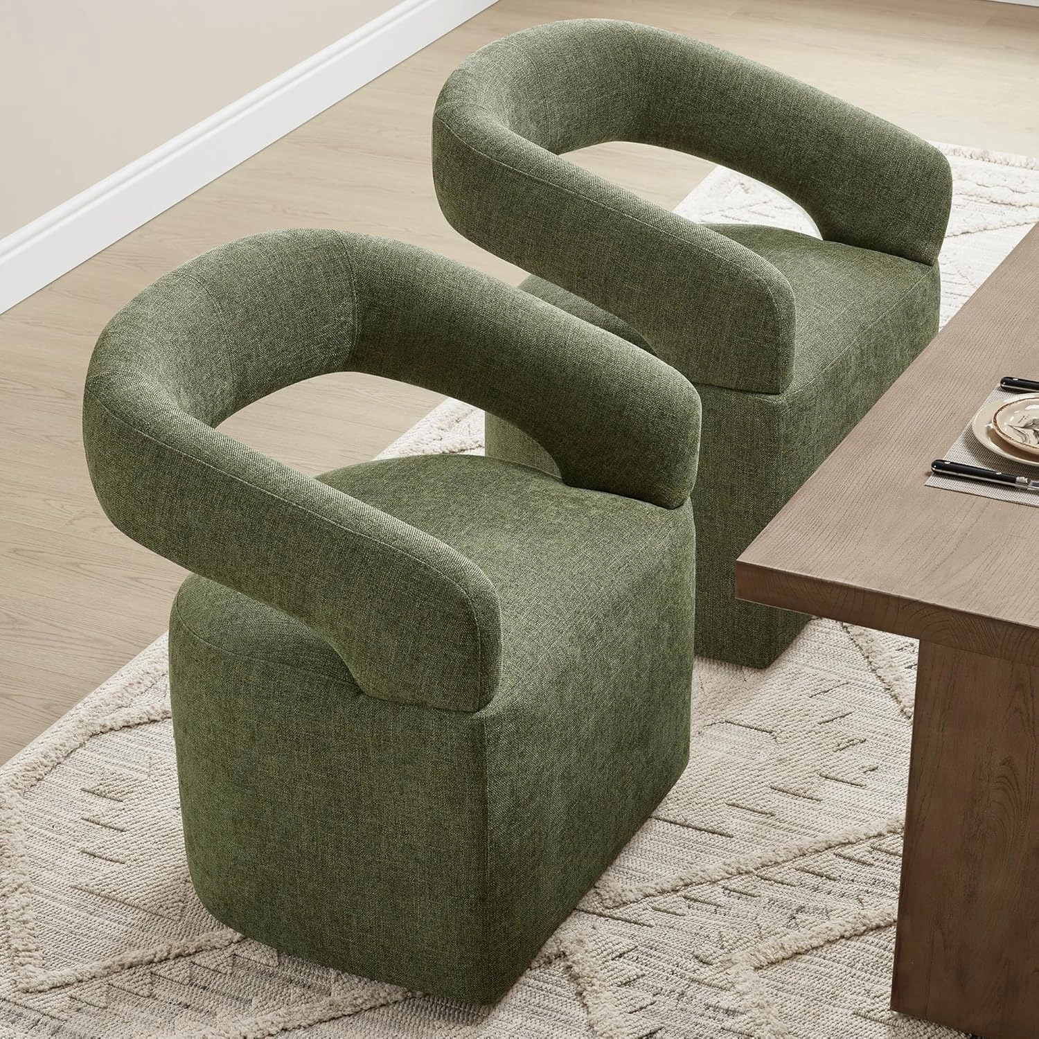 Upholstered Dining Chairs with Casters Easy Assembly Require Modern Barrel Armchair with Rollers for Diningroom Bedroom Livingroom Reading Room,Set of 2,Green