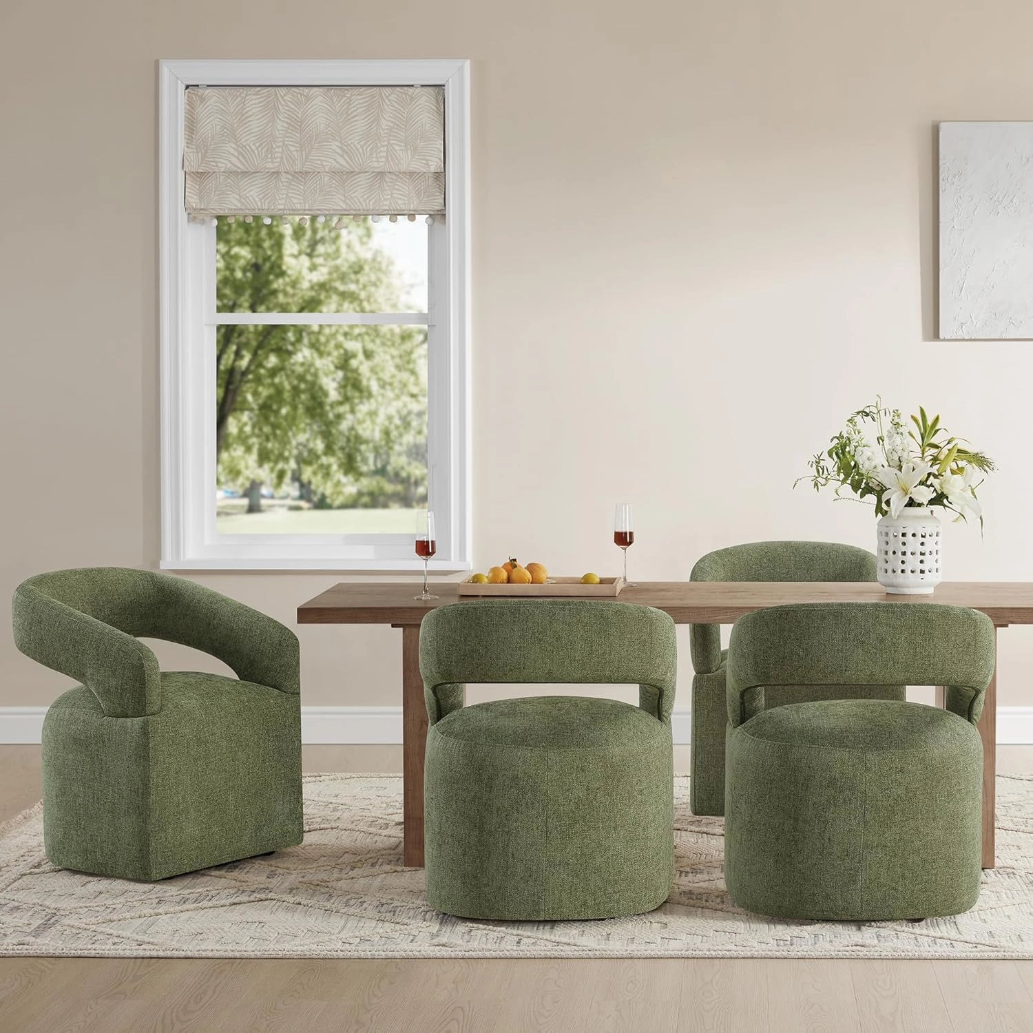 Upholstered Dining Chairs with Casters Easy Assembly Require Modern Barrel Armchair with Rollers for Diningroom Bedroom Livingroom Reading Room,Set of 2,Green