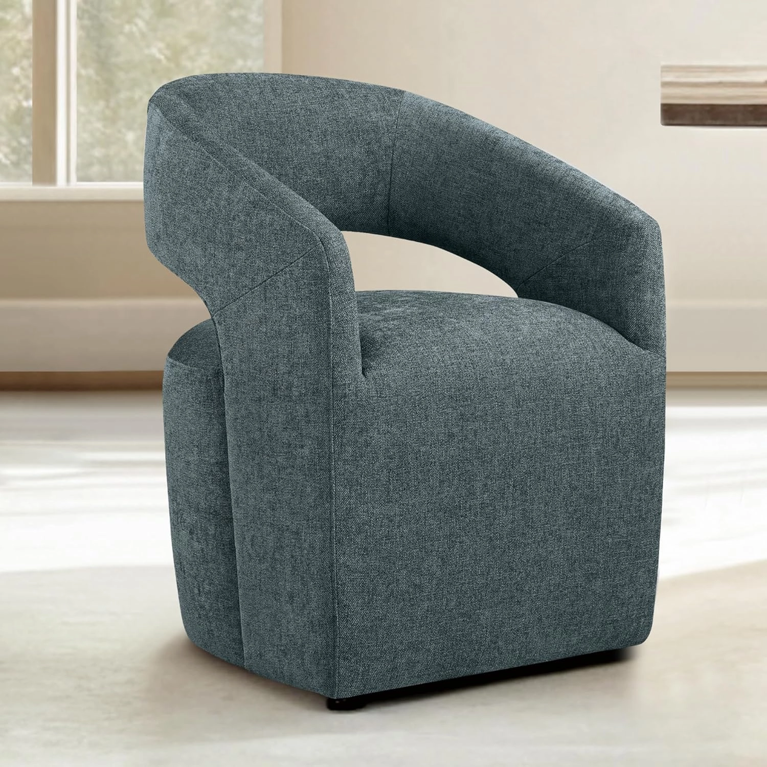 Upholstered Dining Chairs with Casters No Assembly Modern Barrel Armchair with Rollers for Diningroom Bedroom Livingroom Reading Room,Set of 2,Blue