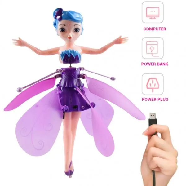 USB Charging Infrared Induction Gesture Control Flying Flower Fairy Doll for 3-14 Year Old Girl Kids Children Teen Birthday Xmas Gift - Purple