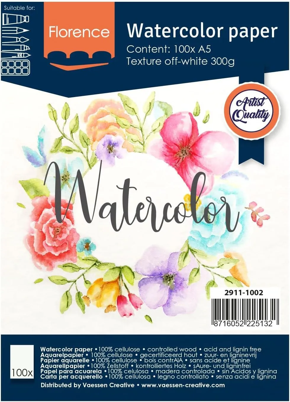 Vaessen Creative Florence Watercolour Paper A5, Ivory, 300 GSM, Artist Grade Quality, Textured Surface, 100 Sheets for Painting, Handlettering, Art Projects