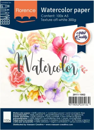 Vaessen Creative Florence Watercolour Paper A5, Ivory, 300 GSM, Artist Grade Quality, Textured Surface, 100 Sheets for Painting, Handlettering, Art Projects