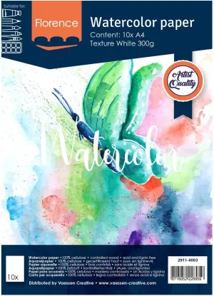 Vaessen Creative VARTA Florence Watercolour Paper A4, 300 GSM, Artist Grade Quality, Textured Surface, 10 Sheets for Painting, Handlettering, Art Projects and More, Intense White