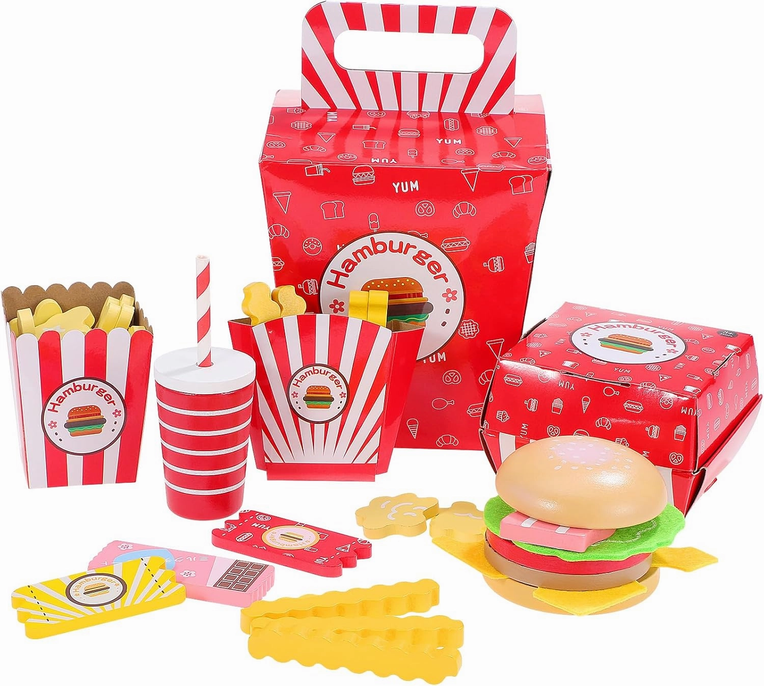 Vaguelly Hamburger French Fries Combo Wooden Kitchen Toys - Wooden Food, Pretend Play Food, Happy Burgers