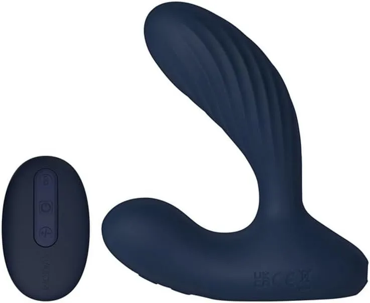Vick Neo 2 App Compatible Rechargeable Silicone Warming Dual Stimulating Prostate Vibrator with Remote Control - Navy Blue/Gold