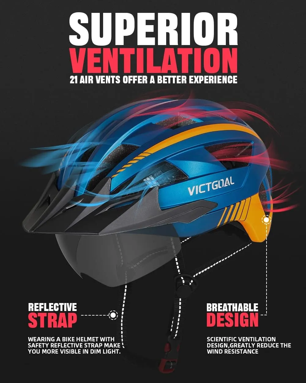 VICTGOAL Bike Helmet with USB Rechargeable Rear Light Detachable Magnetic Goggles Removable Sun Visor Mountain & Road Bicycle Helmets for Men Women Adult Cycling Helmets