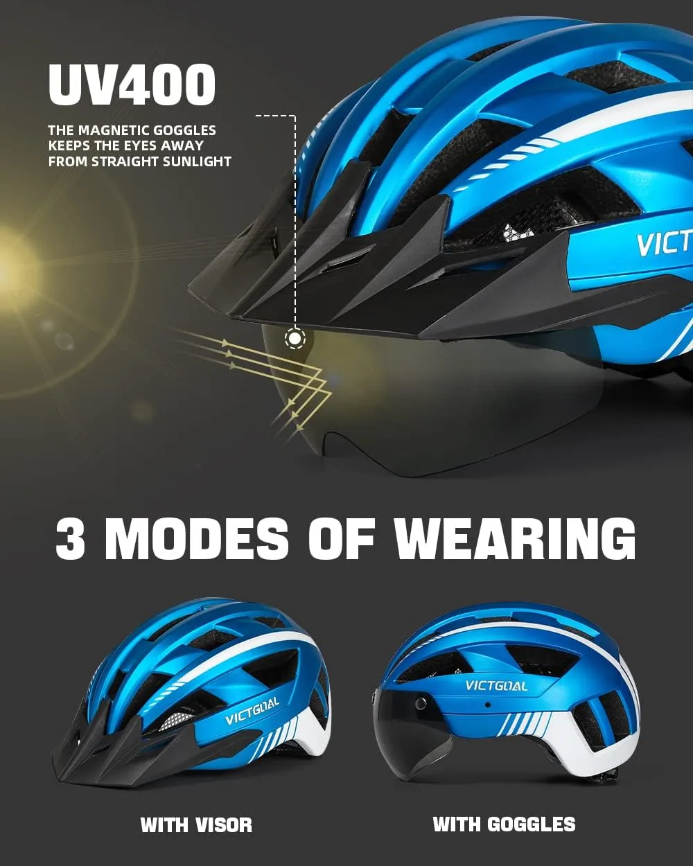 VICTGOAL Bike Helmet with USB Rechargeable Rear Light Detachable Magnetic Goggles Removable Sun Visor Mountain & Road Bicycle Helmets for Men Women Adult Cycling Helmets