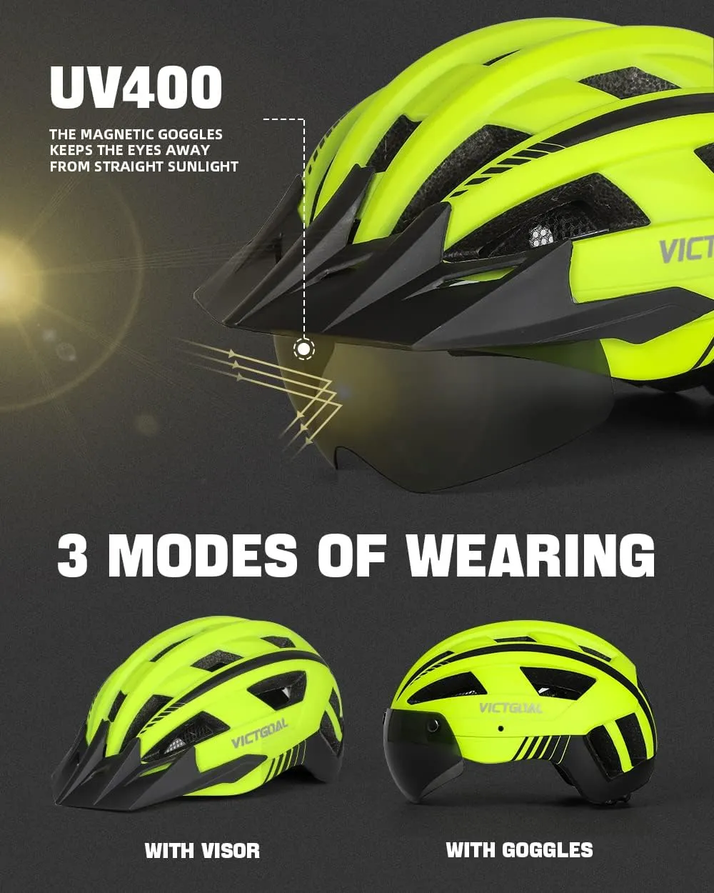 VICTGOAL Bike Helmet with USB Rechargeable Rear Light Detachable Magnetic Goggles Removable Sun Visor Mountain & Road Bicycle Helmets for Men Women Adult Cycling Helmets