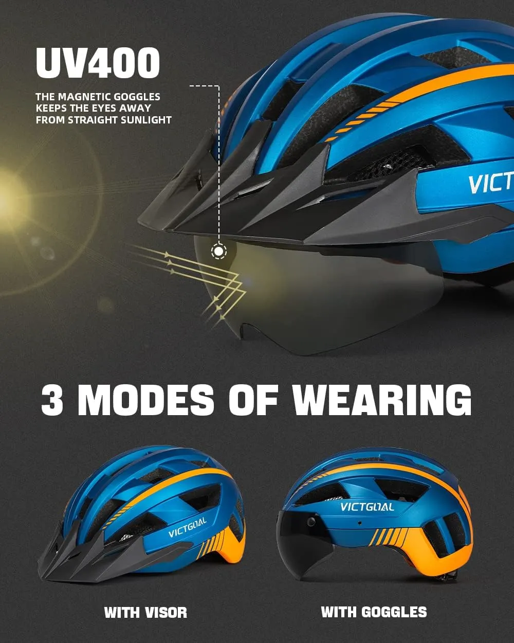 VICTGOAL Bike Helmet with USB Rechargeable Rear Light Detachable Magnetic Goggles Removable Sun Visor Mountain & Road Bicycle Helmets for Men Women Adult Cycling Helmets