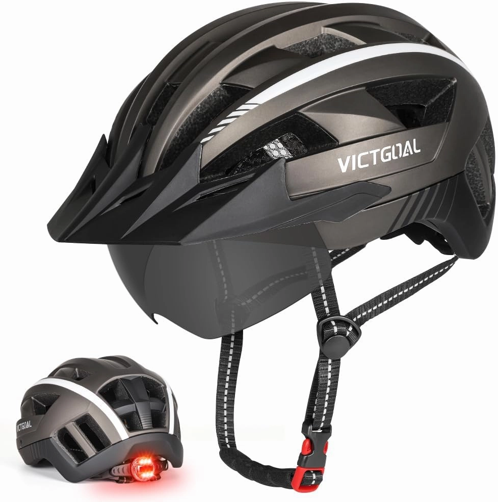 VICTGOAL Bike Helmet for Men Women with Led Light Detachable Magnetic Goggles Removable Sun Visor Mountain & Road Bicycle Helmets Adjustable Size Adult Cycling Helmets