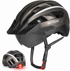 VICTGOAL Bike Helmet for Men Women with Led Light Detachable Magnetic Goggles Removable Sun Visor Mountain & Road Bicycle Helmets Adjustable Size Adult Cycling Helmets