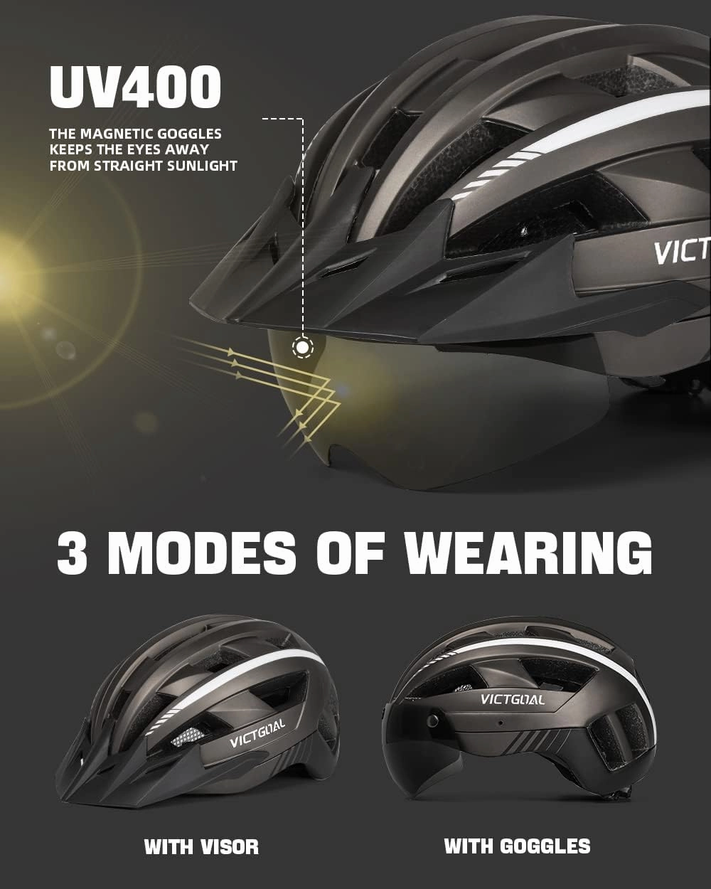 VICTGOAL Bike Helmet for Men Women with Led Light Detachable Magnetic Goggles Removable Sun Visor Mountain & Road Bicycle Helmets Adjustable Size Adult Cycling Helmets