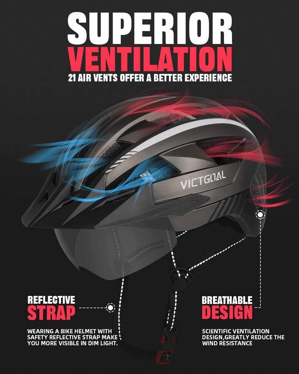 VICTGOAL Bike Helmet for Men Women with Led Light Detachable Magnetic Goggles Removable Sun Visor Mountain & Road Bicycle Helmets Adjustable Size Adult Cycling Helmets