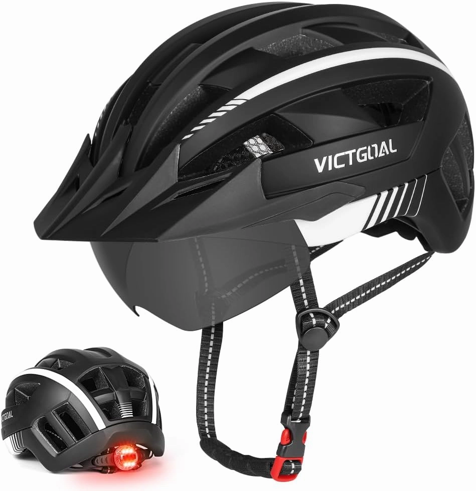VICTGOAL Bike Helmet for Men Women with Led Light Detachable Magnetic Goggles Removable Sun Visor Mountain & Road Bicycle Helmets Adjustable Size Adult Cycling Helmets