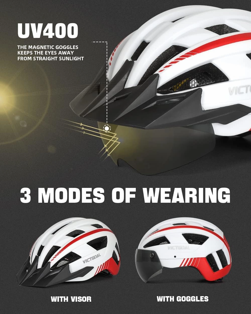 VICTGOAL Bike Helmet with USB Rechargeable Rear Light Detachable Magnetic Goggles Removable Sun Visor Mountain & Road Bicycle Helmets for Men Women Adult Cycling Helmets