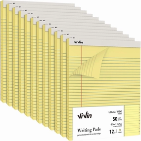 ViVin Legal Pads 8.5 x 11 Inch, Wide Ruled Note Pads, 12 Pack, 50 Sheet/Pad, Perforated Writing Pads, Notepads for Office Home School, 600 Sheets, Canary Yellow Paper