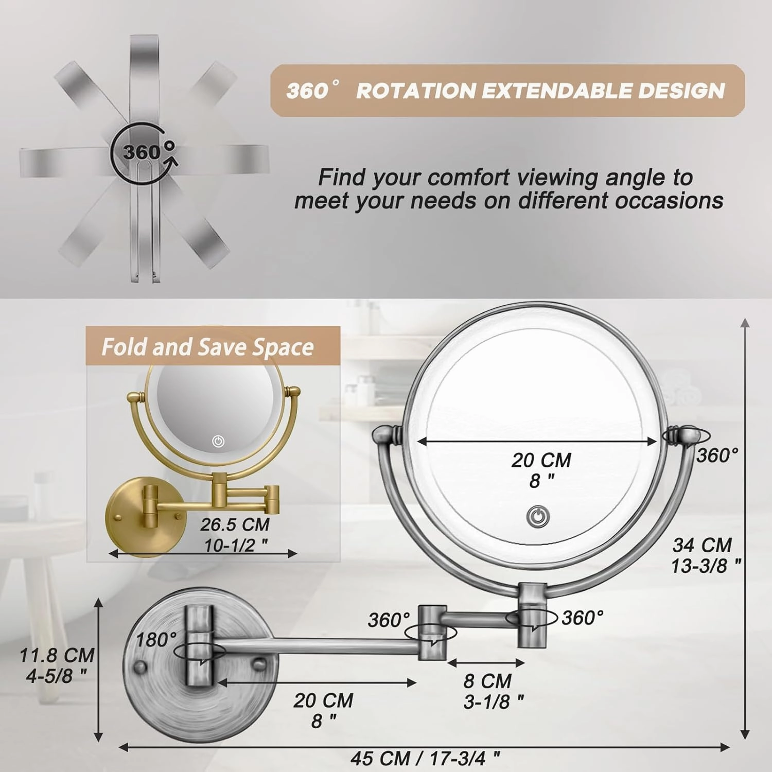Wall Mounted Makeup Mirror with Light and Magnification, 7W Higher Brightness and Dimmable 1X/10X Double Sided Wall Magnified Mirror, Extending Vanity Mirror for Bathroom, Antique Brass Direct Wire