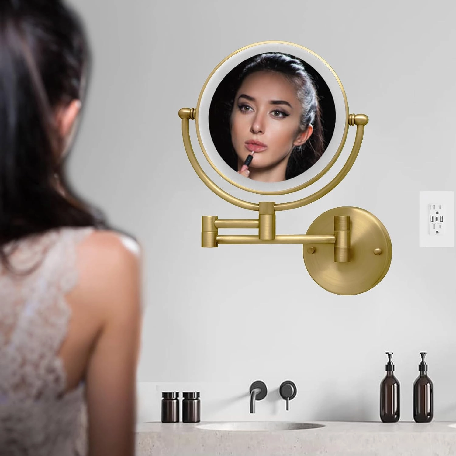 Wall Mounted Makeup Mirror with Light and Magnification, 7W Higher Brightness and Dimmable 1X/10X Double Sided Wall Magnified Mirror, Extending Vanity Mirror for Bathroom, Antique Brass Direct Wire
