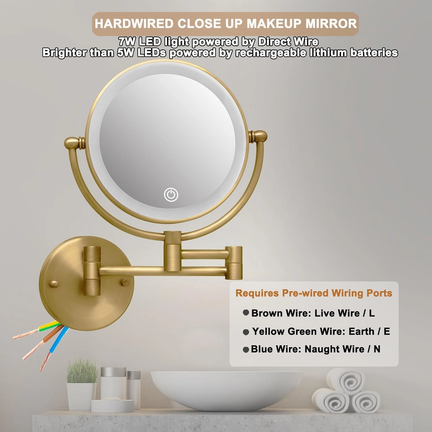 Wall Mounted Makeup Mirror with Light and Magnification, 7W Higher Brightness and Dimmable 1X/10X Double Sided Wall Magnified Mirror, Extending Vanity Mirror for Bathroom, Antique Brass Direct Wire