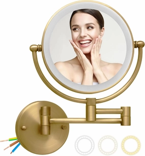 Wall Mounted Makeup Mirror with Light and Magnification, 7W Higher Brightness and Dimmable 1X/10X Double Sided Wall Magnified Mirror, Extending Vanity Mirror for Bathroom, Antique Brass Direct Wire