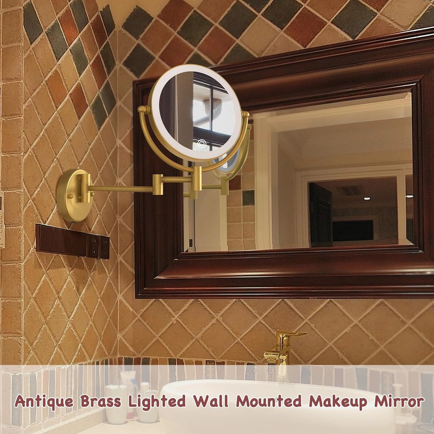 Wall Mounted Makeup Mirror with Light and Magnification, 7W Higher Brightness and Dimmable 1X/10X Double Sided Wall Magnified Mirror, Extending Vanity Mirror for Bathroom, Antique Brass Direct Wire