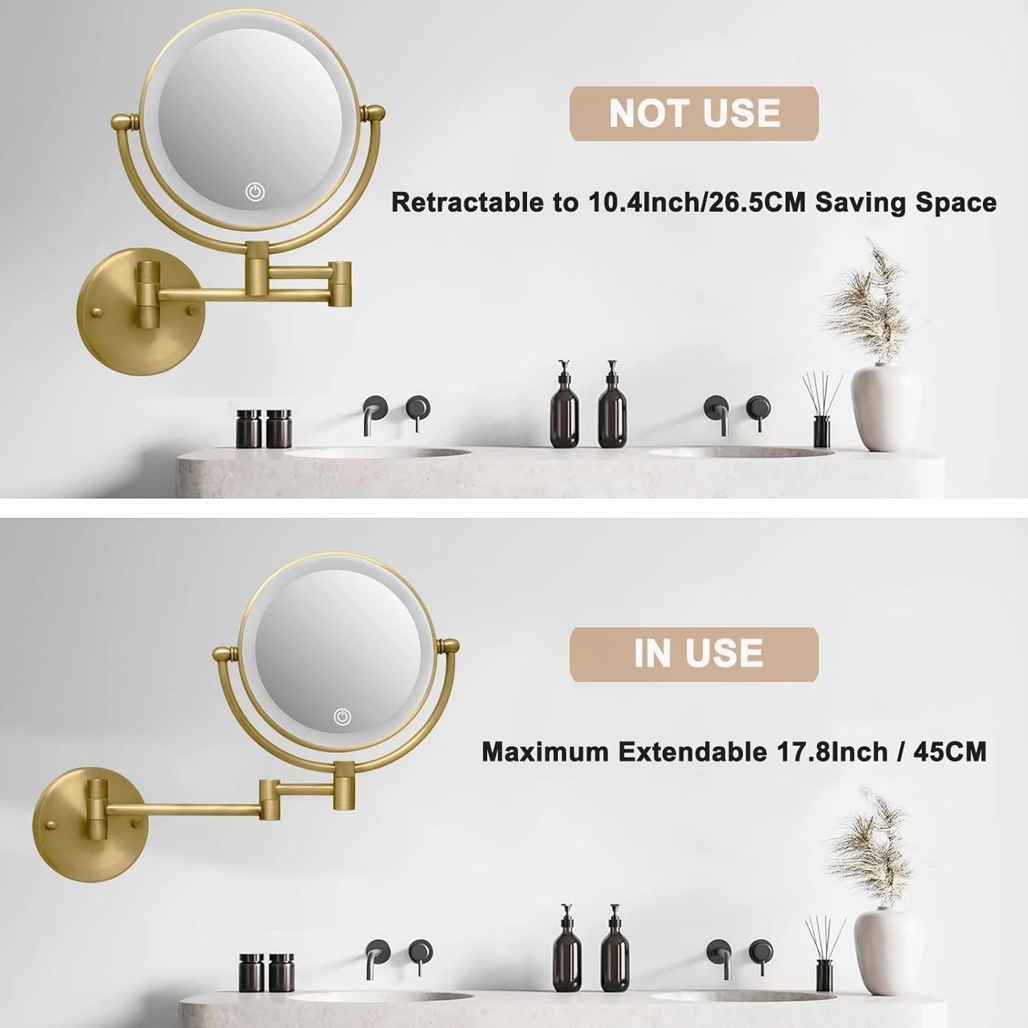 Wall Mounted Makeup Mirror with Light and Magnification, 7W Higher Brightness and Dimmable 1X/10X Double Sided Wall Magnified Mirror, Extending Vanity Mirror for Bathroom, Antique Brass Direct Wire