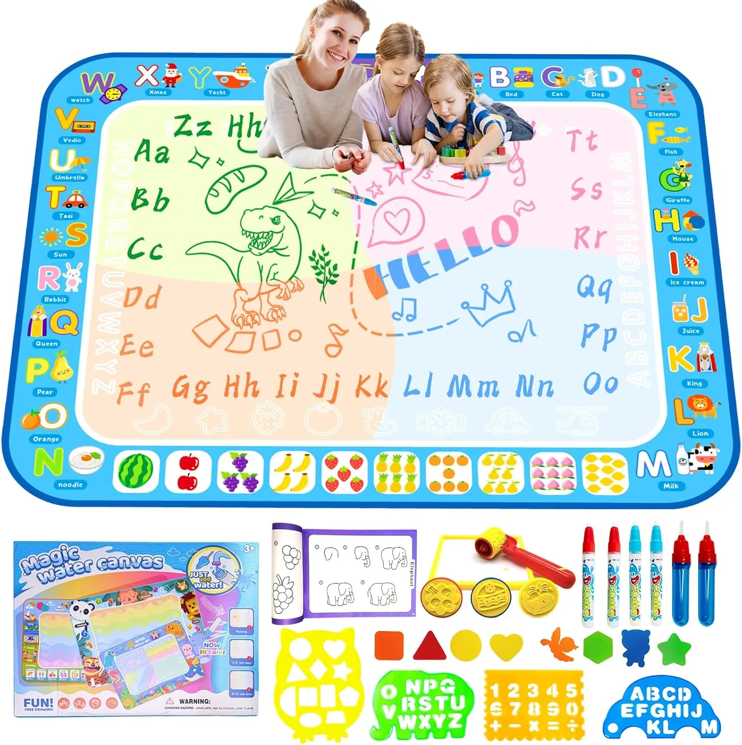 Water Doodle Mat Toddler Toys for Ages 3-5, Kids Color Painting Doodle Drawing Mat Toy with Magic Pens Learn Educational Toys for Age 3 4 5 6 7 8 Year Old Boys Girls Birthday Gifts, 40 x 32 Large Inch