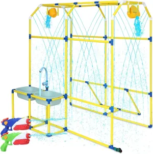 Water Park Sprinkler Toy, Backyard Splash Waterpark Game with Shooting Toys, Dump Bucket, Water Table & Faucets, Sprinkler for Kids Outdoor Summer Water Activities Fun Play (Yellow)
