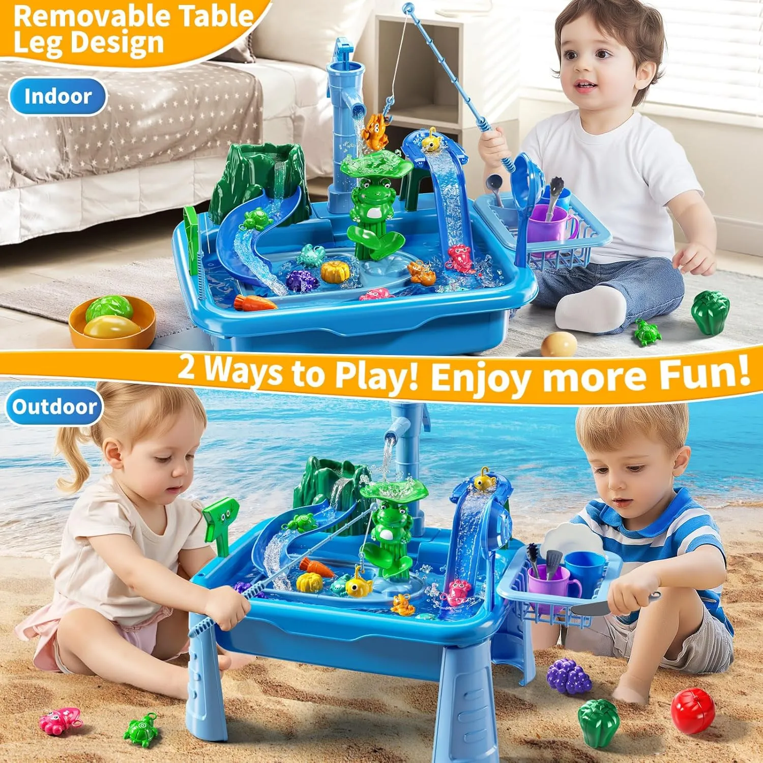 Water Table Play Sink Toy for Kids 2 3 4 5 6 Years Old - Outdoor Kitchen with Running Water, Fishing Games, Toddler Water Play Table for Kids Ages 3-8, Beach Outdoor Toys, Summer Gifts