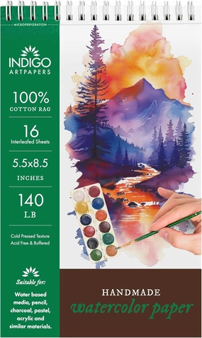 Watercolor Paper Pad, 16 Sheets, 5.5x8.5 (140lb/300g) | Handmade 100% Cotton Rag, Cold Pressed Paint Paper, Acid-Free Water Color Paper Pad, Wirebound Watercolor Sketchbook Journal