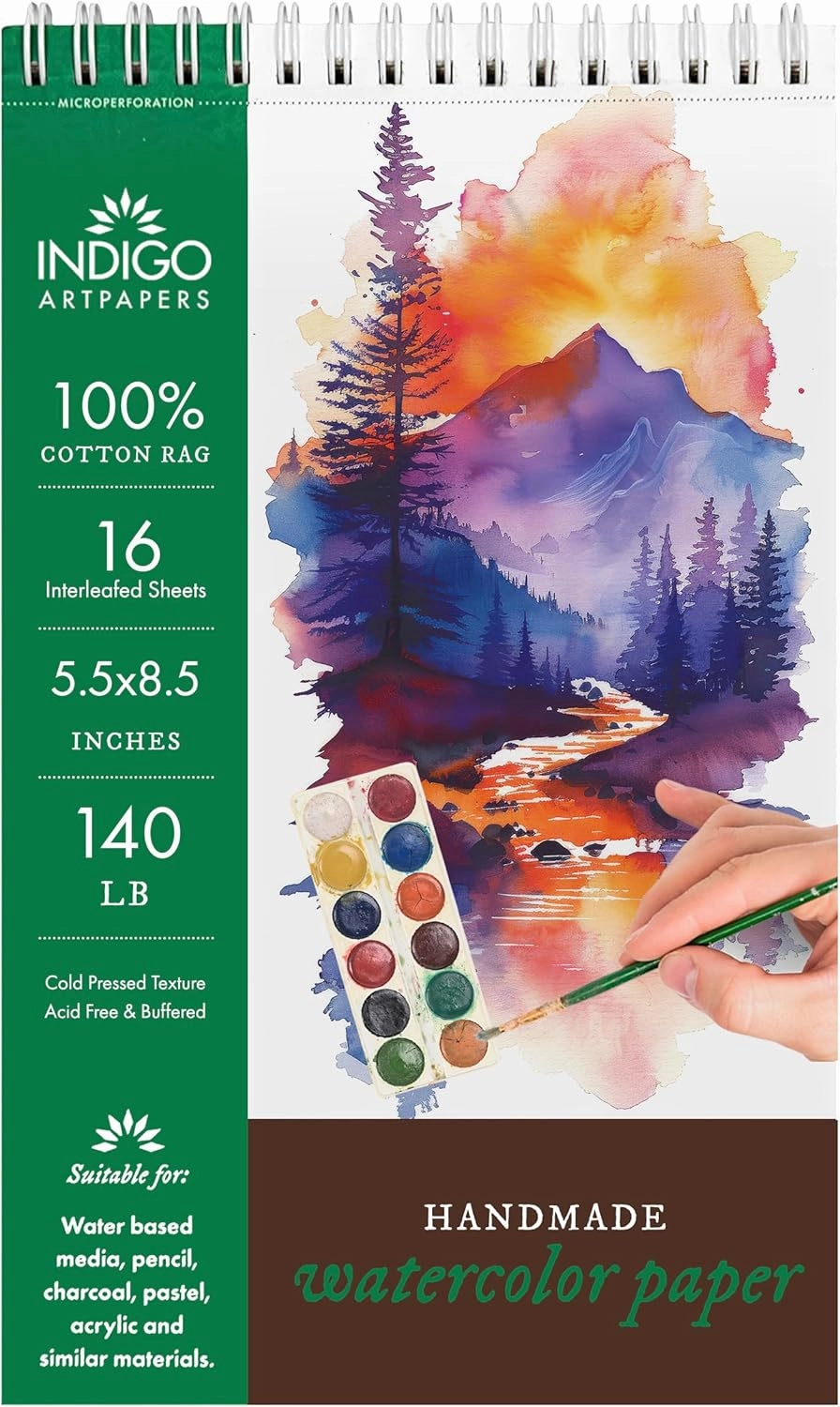Watercolor Paper Pad, 16 Sheets, 5.5x8.5 (140lb/300g) | Handmade 100% Cotton Rag, Cold Pressed Paint Paper, Acid-Free Water Color Paper Pad, Wirebound Watercolor Sketchbook Journal