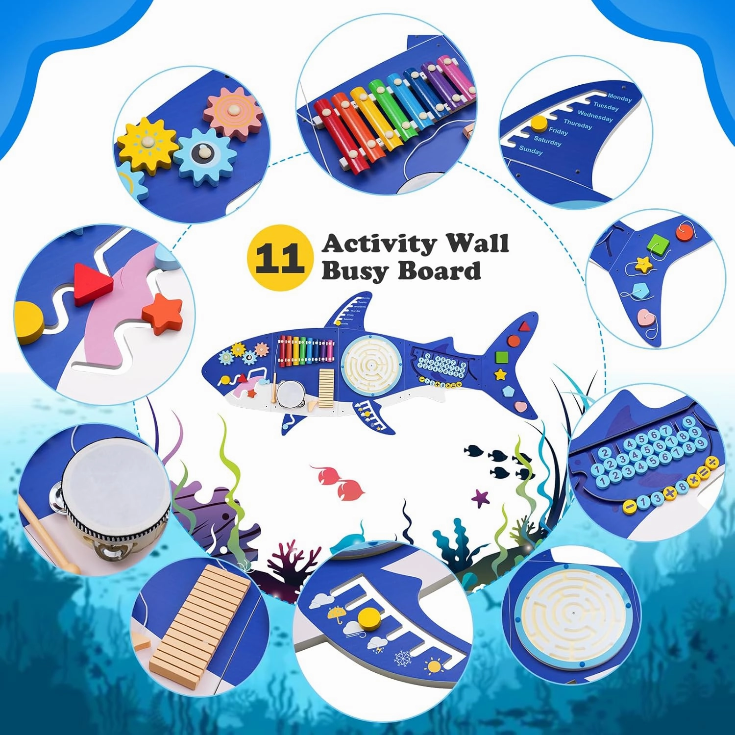 Weihnacht Shark Wall Busy Board Panels,11-in-1 Montessori Sensory Toys, Toddler Learning Activity Center,Montessori Philosophy Sensory, Educational Toys, Conducive to All-Round Development