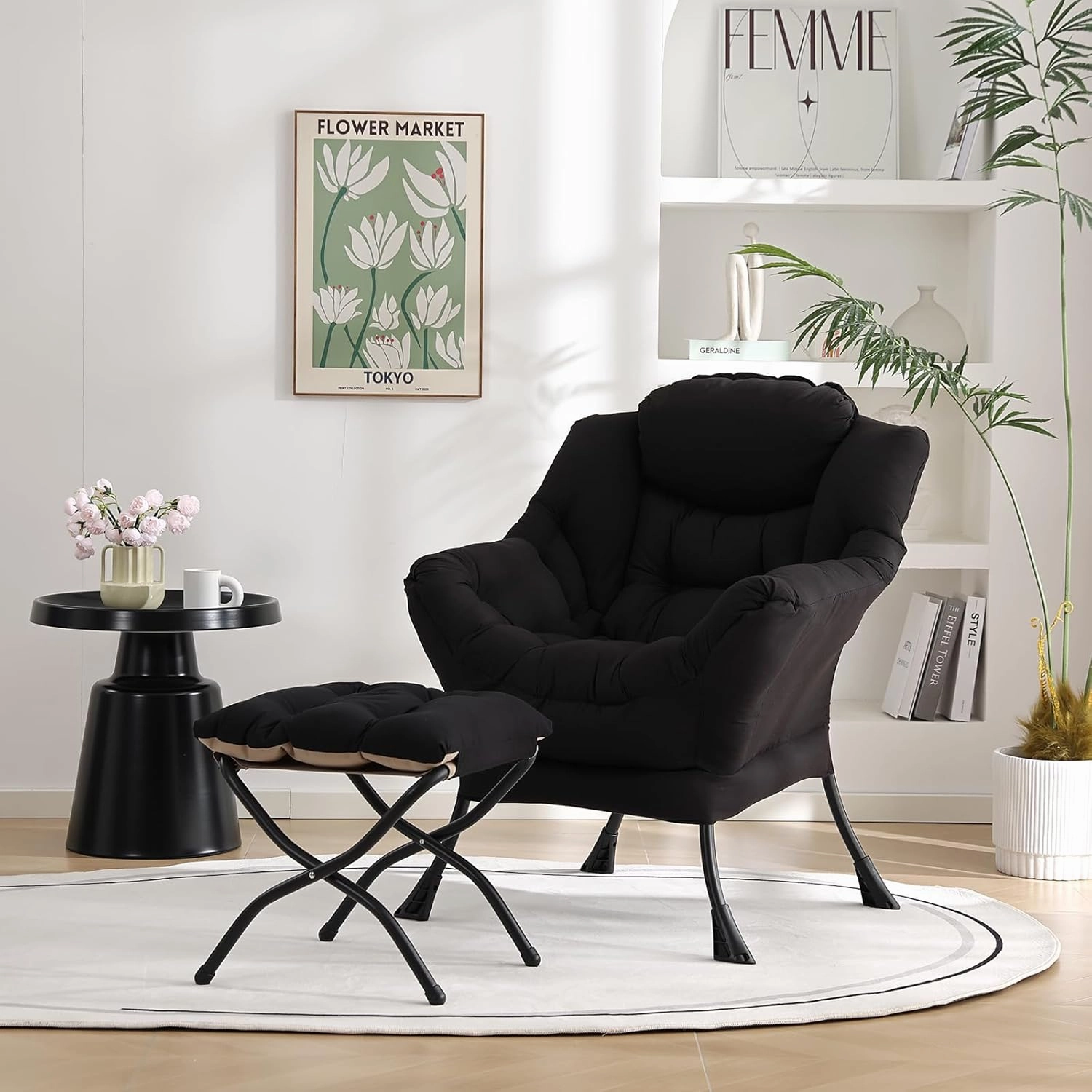 Welnow Lazy Chair with Ottoman, Modern Lounge Accent Chair with Armrests and a Side Pocket, Leisure Sofa Armchair Set, Reading Armchair with Footrest for Small Space, Black
