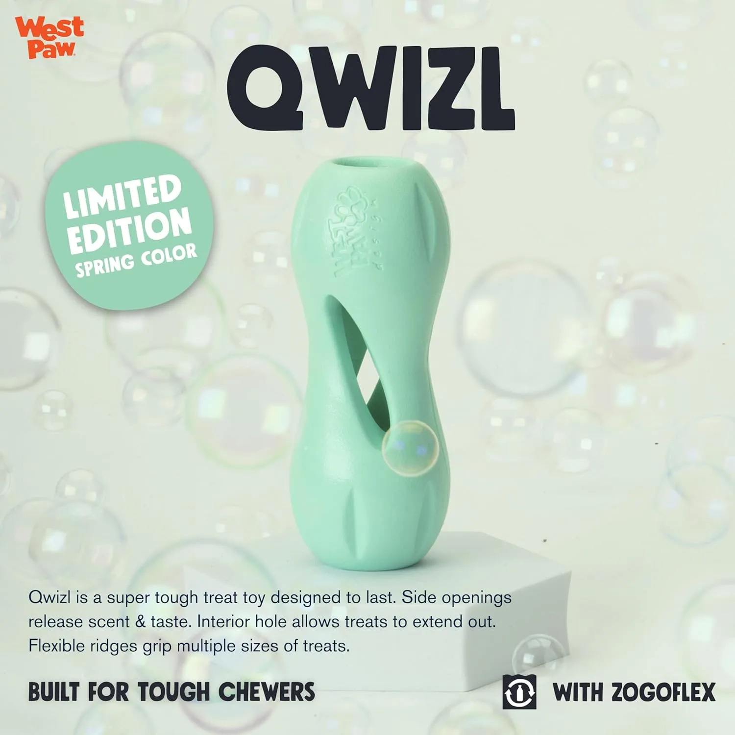 WEST PAW Zogoflex Qwizl Dog Puzzle Treat Toy – Interactive Chewing for Dogs – Dispenses Pet Treats – Brightly-Colored Dog Enrichment Toy for Aggressive Chewers, Fetch, Catch, Large 6.5", Mint