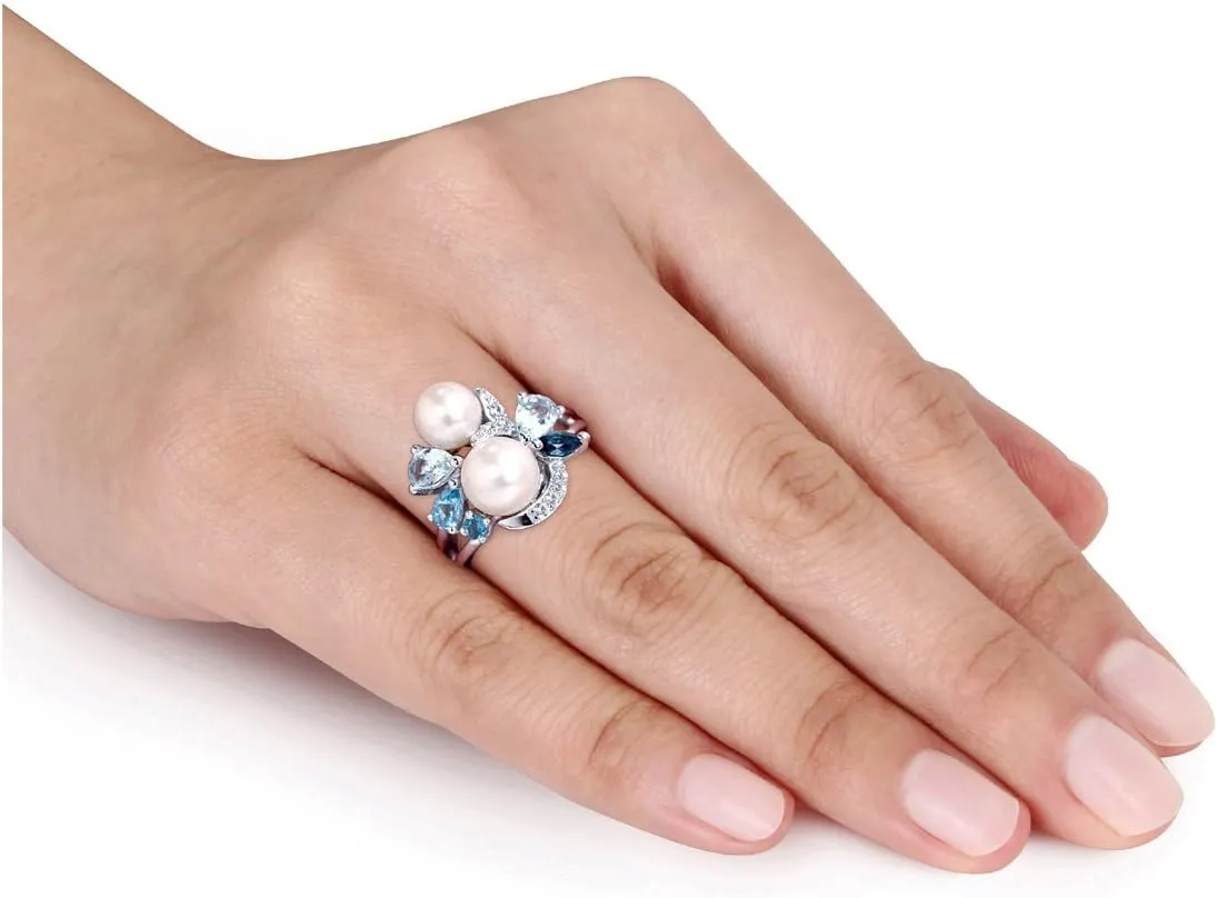 White Freshwater Cultured Pearl with London, Swiss and Sky Blue Topaz and Created White Sapphire Ring In Sterling Silver