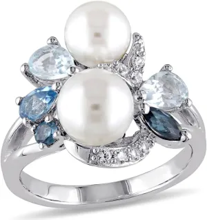 White Freshwater Cultured Pearl with London, Swiss and Sky Blue Topaz and Created White Sapphire Ring In Sterling Silver