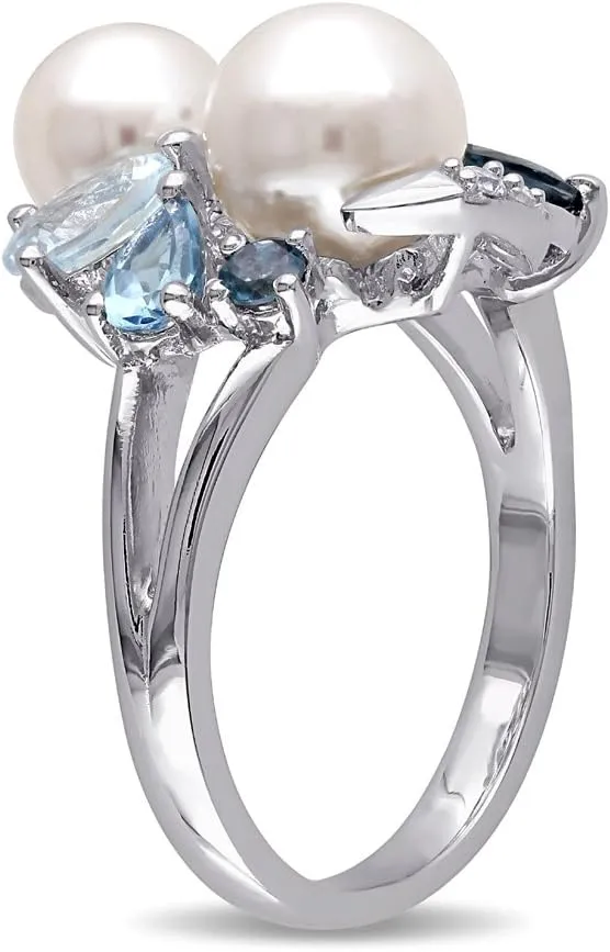 White Freshwater Cultured Pearl with London, Swiss and Sky Blue Topaz and Created White Sapphire Ring In Sterling Silver