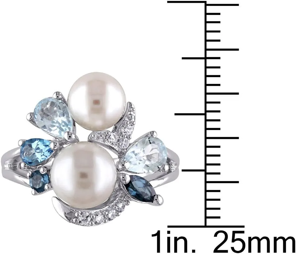 White Freshwater Cultured Pearl with London, Swiss and Sky Blue Topaz and Created White Sapphire Ring In Sterling Silver