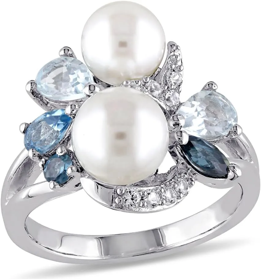 White Freshwater Cultured Pearl with London, Swiss and Sky Blue Topaz and Created White Sapphire Ring In Sterling Silver