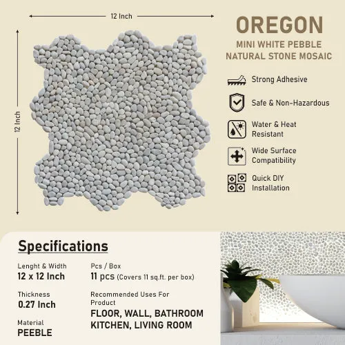 White Mini Pebble Natural Stone Mosaic Wall & Floor Tile | 11 Tiles per case