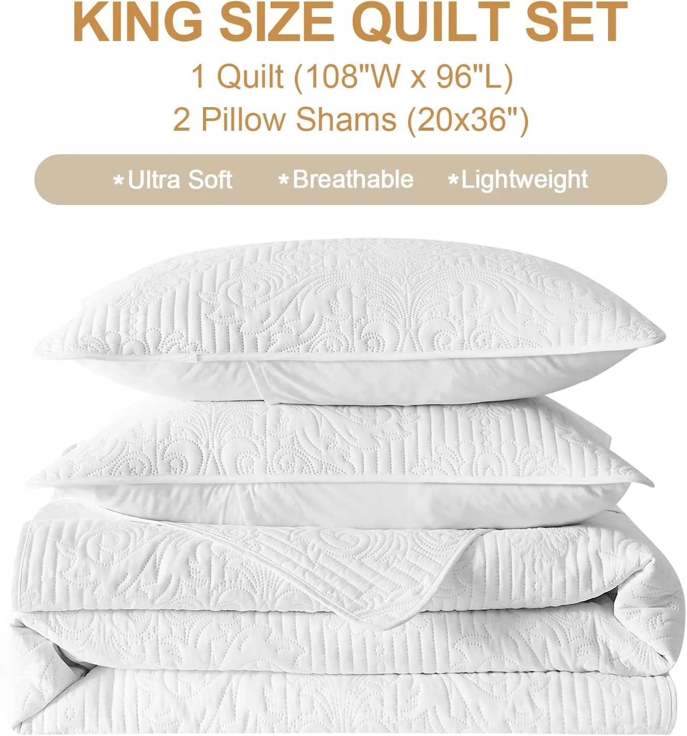White Quilt Set King Size - Lightweight Summer Bedspread, Soft Oversized King Quilt Bedding Set for All Seasons, Machine Washable, 3 Pieces