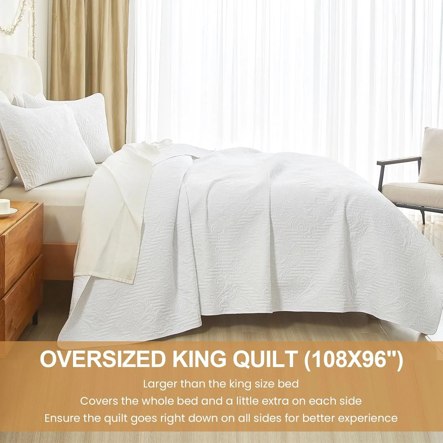 White Quilt Set King Size - Lightweight Summer Bedspread, Soft Oversized King Quilt Bedding Set for All Seasons, Machine Washable, 3 Pieces