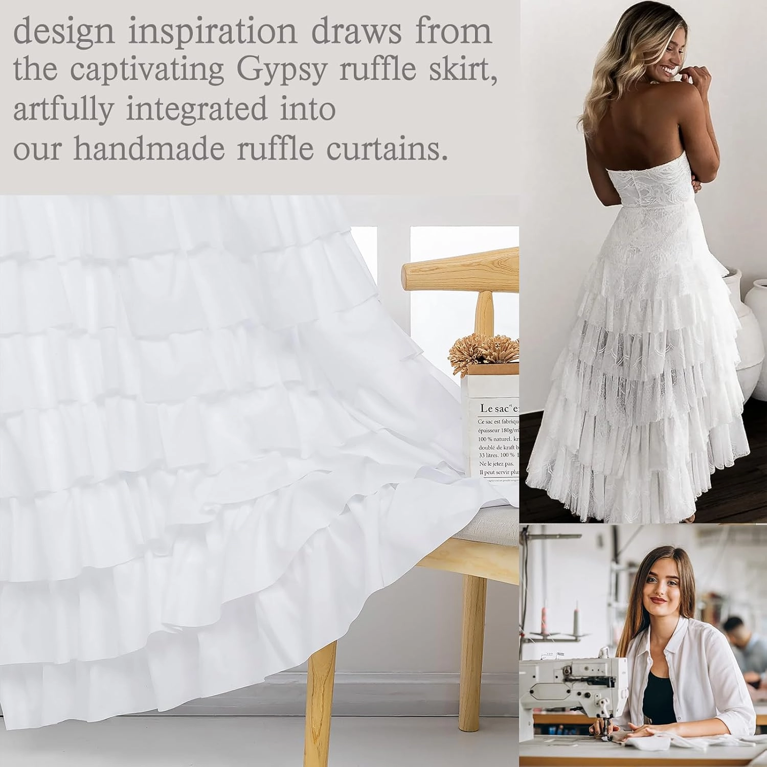 White Ruffle Curtains 2 Panels - Shabby Chic Romantic Drapes for Bedroom, Fluffy Aesthetic Backdrop, Farmhouse Décor (W42 inch x L 72 in Set of 2)