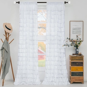 White Ruffle Curtains 2 Panels - Shabby Chic Romantic Drapes for Bedroom, Fluffy Aesthetic Backdrop, Farmhouse Décor (W42 inch x L 72 in Set of 2)