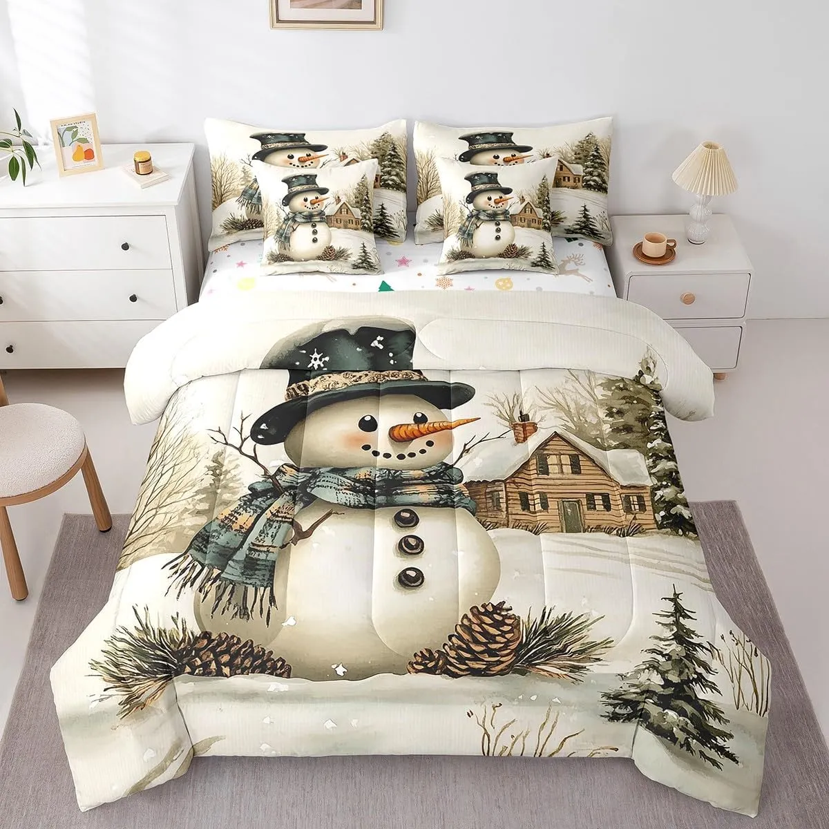Winter Farmhouse Style Comforter Set Bed in a Bag 7 Pieces Full,Cartoon 3D Snowman Rustic Pinecone Bedding Set,Merry Christmas (Comforter Fitted Flat Sheet 2 Pillowcases 2 Throw Pillow Covers)