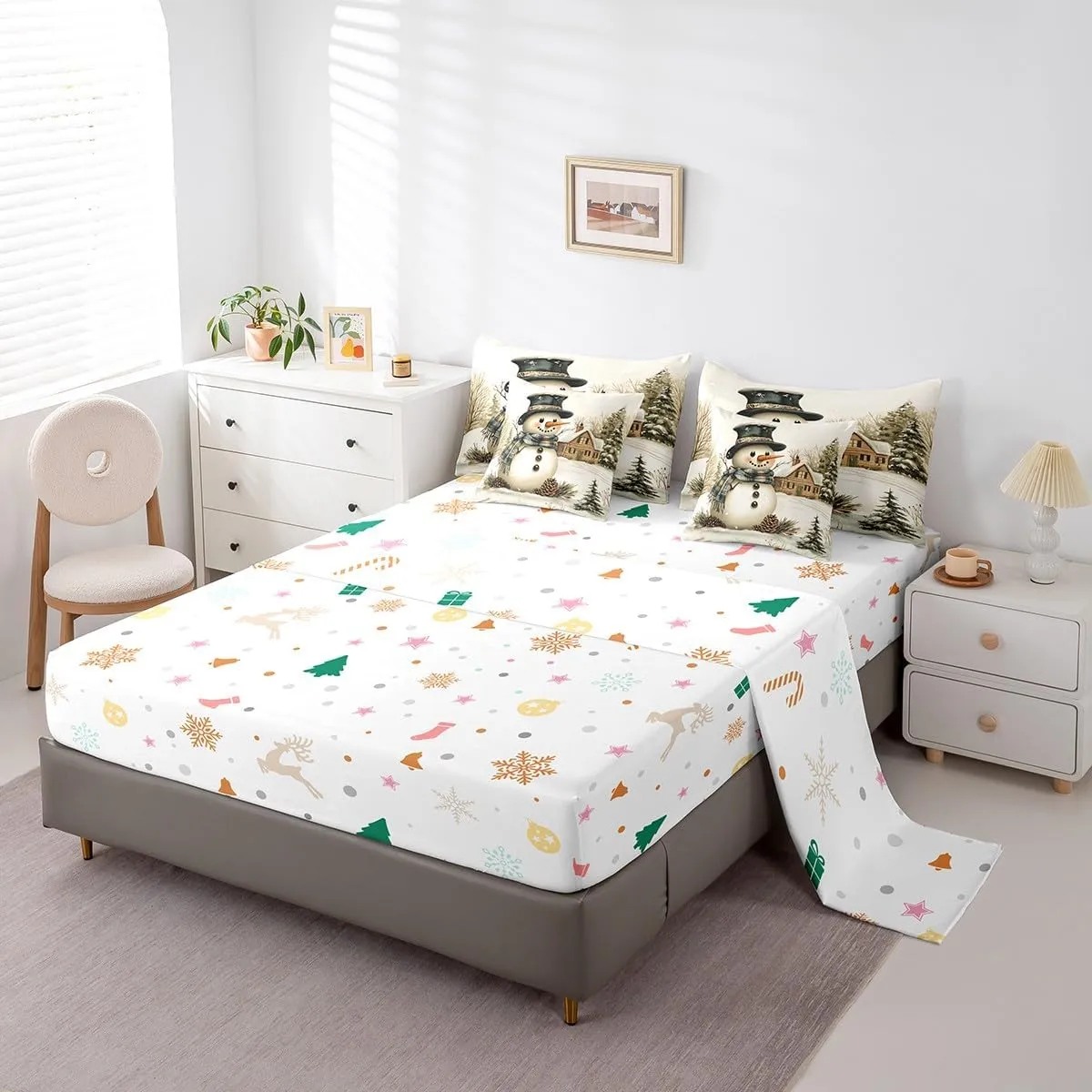 Winter Farmhouse Style Comforter Set Bed in a Bag 7 Pieces Full,Cartoon 3D Snowman Rustic Pinecone Bedding Set,Merry Christmas (Comforter Fitted Flat Sheet 2 Pillowcases 2 Throw Pillow Covers)