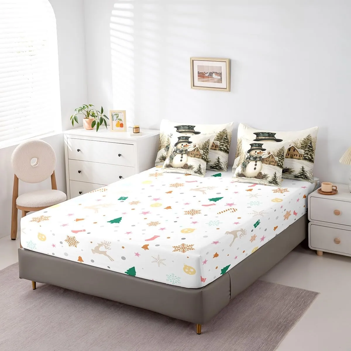 Winter Farmhouse Style Comforter Set Bed in a Bag 7 Pieces Full,Cartoon 3D Snowman Rustic Pinecone Bedding Set,Merry Christmas (Comforter Fitted Flat Sheet 2 Pillowcases 2 Throw Pillow Covers)