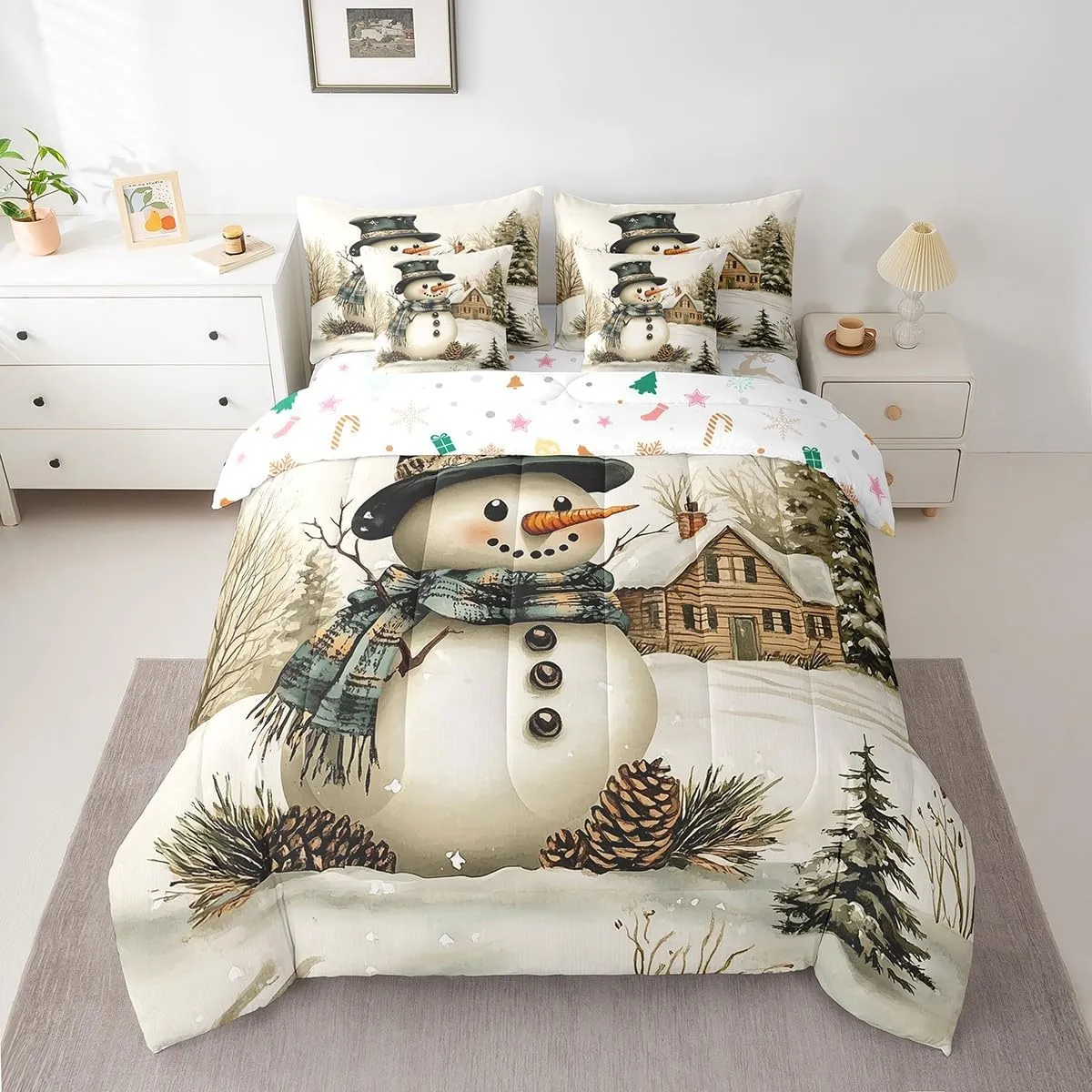 Winter Farmhouse Style Comforter Set Bed in a Bag 7 Pieces Full,Cartoon 3D Snowman Rustic Pinecone Bedding Set,Merry Christmas (Comforter Fitted Flat Sheet 2 Pillowcases 2 Throw Pillow Covers)